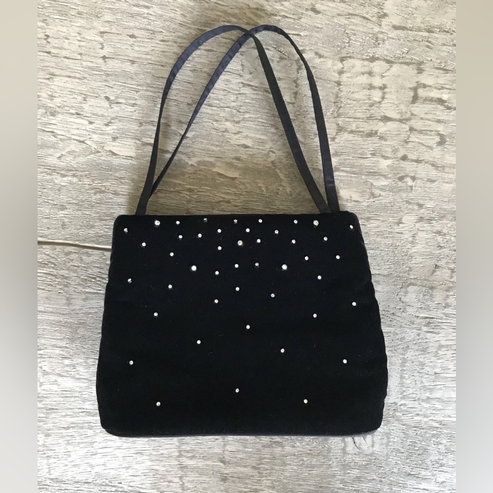 Black Velvet and Rhinestone Evening Bag Double Handles and Long Shoulder Strap